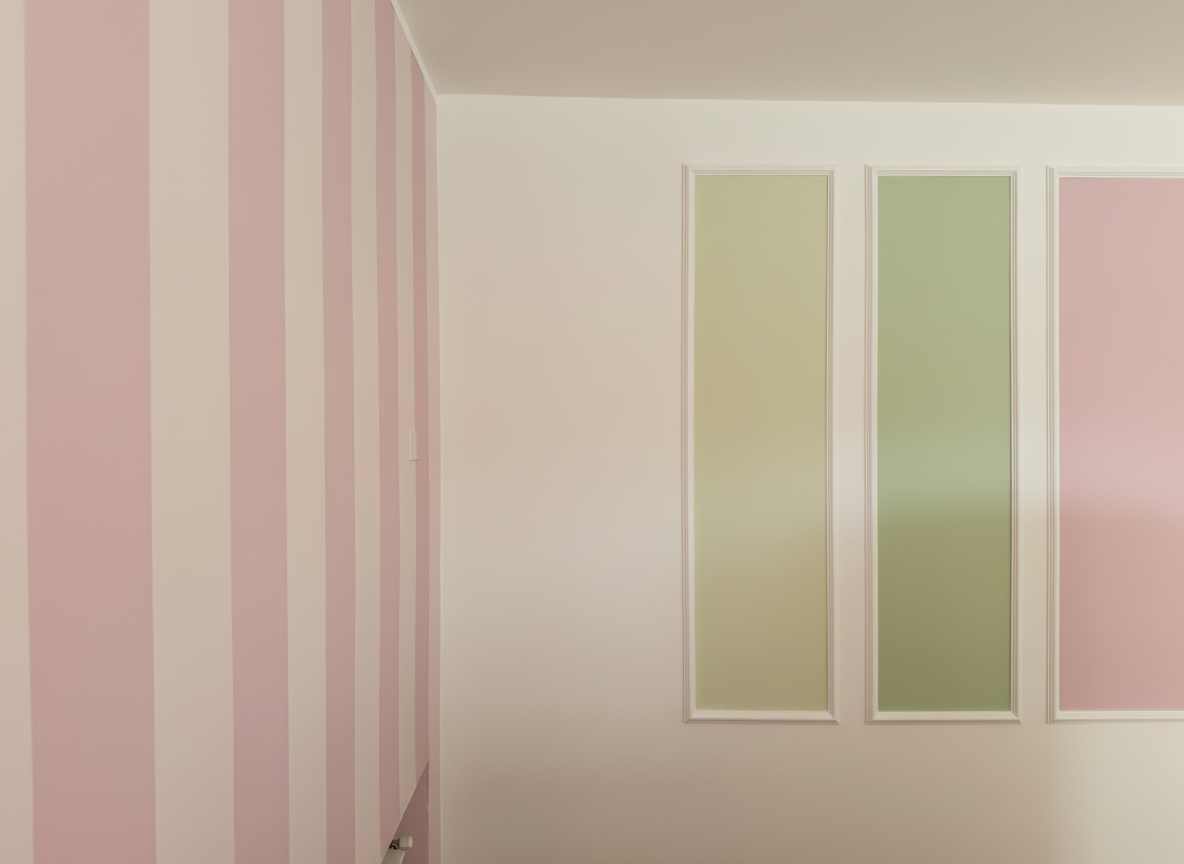 Camera con pareti a righe rosa e pannelli